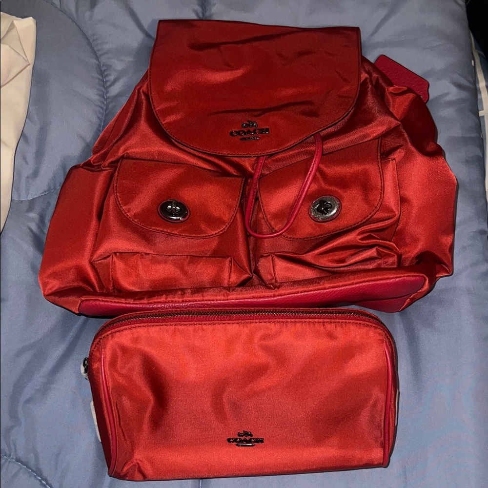 Coach Red Nylon Backpack and Pouch Set
